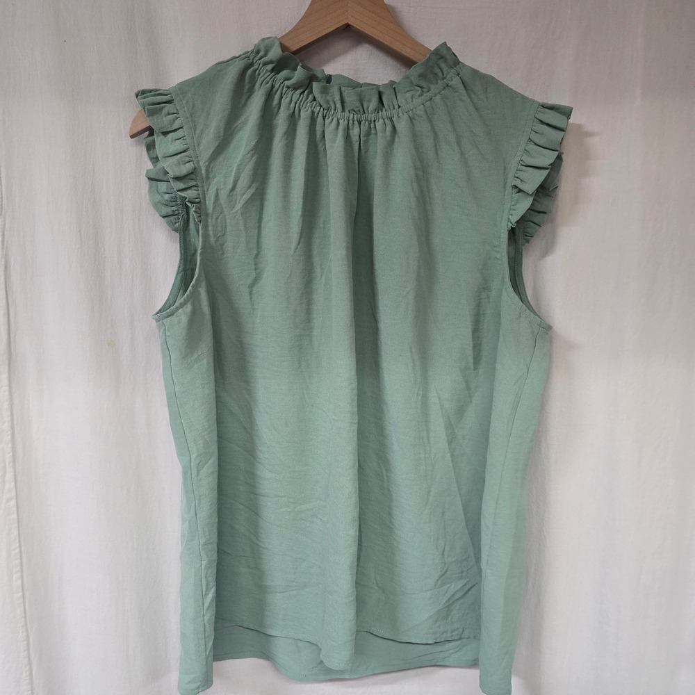 Harper 241 Ruffle Neck Top Women L Sage Green Polyester Cottagecore